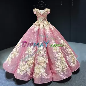 New Fashionable Pink and Gold Sweet 16 Dress for Quinceanera Cap Sleeves Unique