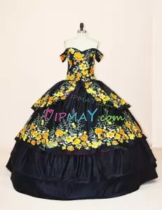 Pretty Charro Black and Yellow Embroidery Quinceanera Dress Satin Cap Sleeves Without Train
