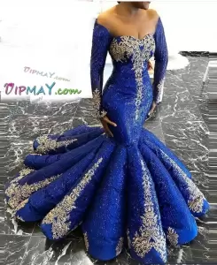 Africanstyle Royal Blue and Gold Sequined Mermaid Evening Dress Removable Long Sleeve Illlusion