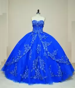 Elegant Sweetheart Royal Blue and Silver Appliqus Quinceanera Couture Dress 3D Flowers MQ3042