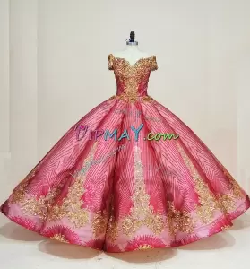 Perfect Red and Gold Sparkly Sequin Ball Gown Puffy Quinceanera Dress Off Shoulder Cap Sleeves