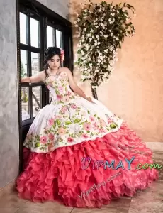 Custom Made Charro White and Watermelon Red Reffuled Quinceanera Dress with Floral Embroidery Pattern