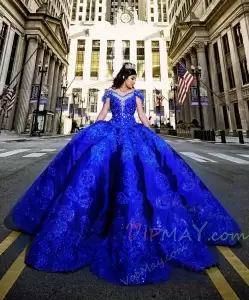 New Fashion Puffy Royal Blue Ball Gown Cap Sleeves Quinceanera Dress with Crystal and 3D Flowers Non Train