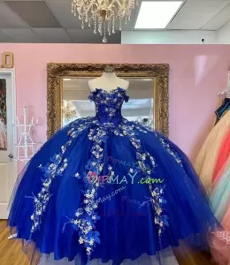 Royal Blue Ball Gown Quinceanera Dresses V Neck Beaded 3D Flowers Sweet 16 Dress Off Shoulder