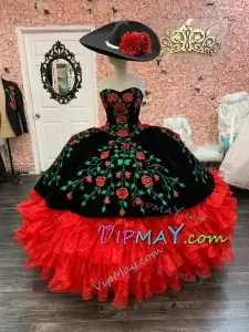 Exclusive Charro Themed Floral Rose Embroidery Quinceanera Dress Red and Black With Lace Ruffles