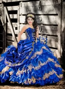 Cheap Royal Blue Taffeta and Ruffled Organza Skirt Puffy Quinceanera Dress with Gold Embroidery