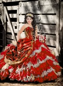 Chic Red and Gold Pick-up Sweetheart Embroideried Quinceanera Gown Corset Back Wholesale Price