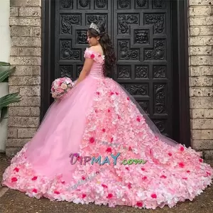 Beautiful Pink Cap Sleeves Quinceanera Dress Long Train with Two Colored 3D Flowers