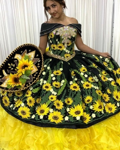 Charro Theme Black and Yellow Sunflower Quinceanera Dress with Ruffled Skirt