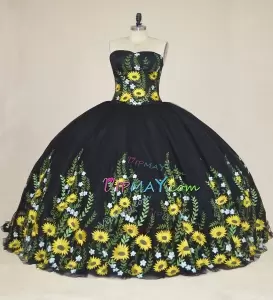 Traditional Mexican Chiapas Yellow Sunflower Quinceanera Dress Embroidery Black Puffy Skirt