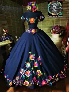 Pretty XV Mexicanos Charro Cap Sleeves Quinceanera Dress with Otomi Embroidery Black Two Pieces