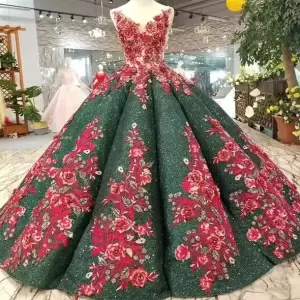 Beautiful Sparkly Dark Green and Red 3D Flowers V-neck Puffy Ball Gown Quinceanera Dress Illusion Bodice