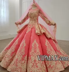 Pretty Watermelon Pink Illusion Bodice Big Skirt Long Sleeves Quinceanera Dress with Veil
