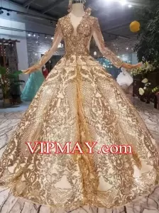 Exclusive Gold Long Sleeves See Through Bodice Quinceanera Dress Sequin Big Skirt without Train