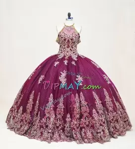 Custom Tailor New Burgundy Halter Top GOLD CORDED LACE Quinceanera Dress Sparkly with Train