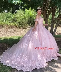 Custom Beautiful Pink Lace Appliqued Quinceanera Dress Halter Neck Beaded Sweep Train Tulle Sweet 15 Dress