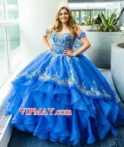 Sparkly Blue Quinceanera Dress Tiers Tulle Sweetheart Embroidery Removable Sleeves Plus Size