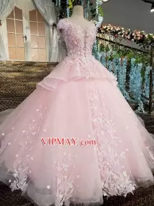Cheap Pink See Through Top Cap Sleeves Sweet 16 Quince Dress with Tulle Train 3D Flowers