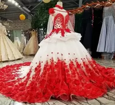Luxurious Red Patterns 3D Flowers Long Sleeves Wedding Dress Champagne High Neck Long Train