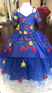 Sparkly Multi Color Embroidery Short Sleeves Royal Blue Pageant Dress for Little Girls