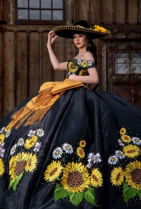 Mexican Style Embroidery Sunflowers Black Off Shoulder Quinceanera Dress