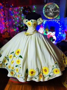 Elegant Sunflower Embroidery Two Pieces Puffy Satin Quinceanera Dress
