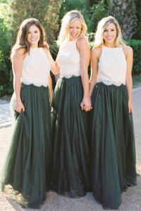 Two Piece White and Dark Green Lace Bridesmaid Dress Under 100