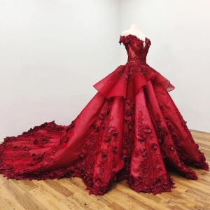 Long Train Burgundy Sheer Bodice Off Shoulder Quinceanera Dress with 3D Flowers