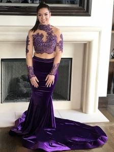 Purple Two Piece Sheer top Long Sleeve Mermaid Velvet Prom Dress with Train