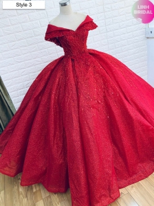 Customized 2021 Bright Red glitter tulle quinceanera dress with beadings and train