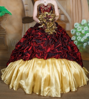 Elegant Burgundy and Gold Taffeta Pick-up Adjustable Corset Quinceanera Dress