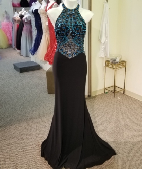 Sexy Black Mermaid Halter Top Backless Prom Dress with Short Train