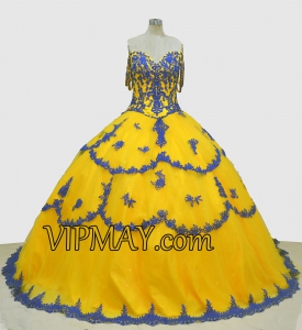 Yellow Off Shoulder Vestidos de Quinceanera Dress with Royal Blue Lace