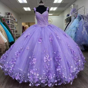Lilac Quinceanera Dress with 3D Floral Applique Tiered Custom Made Beaded Spaghetti Straps
