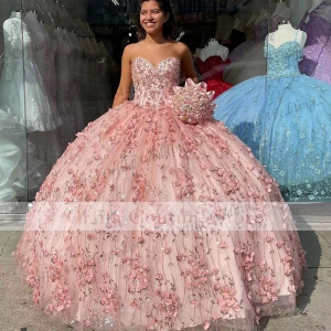 Rose Gold Glitter Tulle 3D Floral Sweetheart Quinceanera Dress