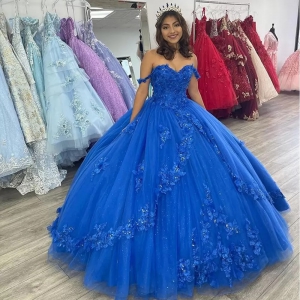 Cheap Off Shulder Royal Blue 3D Floral Quinceanera Dress