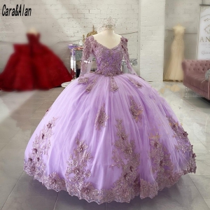 Beautiful Long Sleeves Lilac Quinceanera Dress 3D Flowers Girls 15 Years Birthday Dress