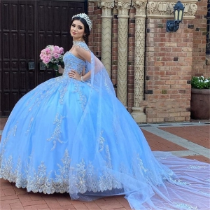 Sky Blue Princess Sweetheart Quinceanera Dress with Cape
