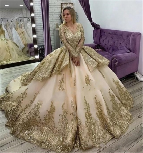 Princess Champagne Gold Glitter Tulle Quinceanera Dress Long Sleeve vestidos de 15 anos