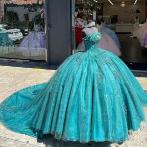 Green Off Shoulder Quinceanera Dress Beaded Appliques Glitter Tulle with Train