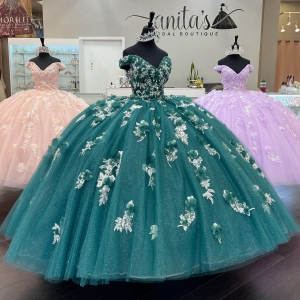 Sparkly Glitter Tulle Emerald Green Puffy Quinceanera Dress with 3D Flowers