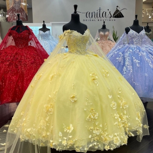 Bright Yellow 3D Flowers Glitter Tulle Quinceanera Dress with Cape