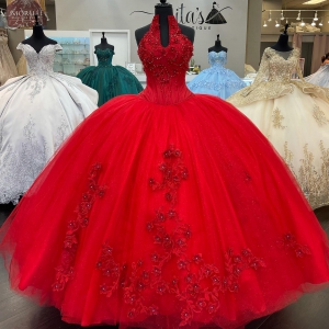 New Style RED Halter Neckline Quinceanera Dress with Train