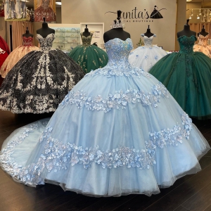 Elegant Light Blue Sweetheart 3D Floral Quinceanera Dress with Train