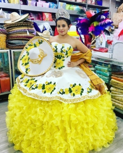 White and Yellow Charro Floral Ruffles Quinceanera Dress for Girls