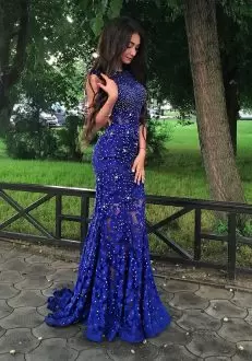 Royal Blue Mermaid Scoop Fully Lace Beaded Prom Dress Open Back