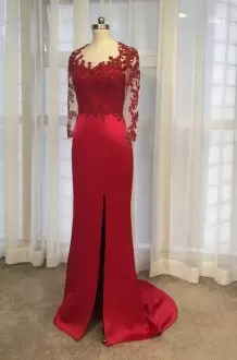 Perfect Lace and Appliques Formal Evening Gowns Red Lace Up Long Sleeves Sweep Train