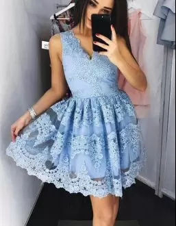 Eye-catching Mini Length Blue Prom Evening Gown V-neck Sleeveless