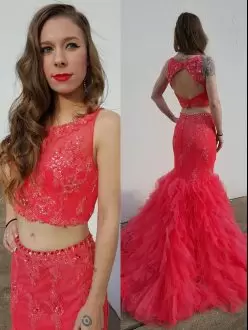 Custom Made Floor Length Red and Watermelon Red Prom Evening Gown Tulle Sleeveless Beading and Appliques