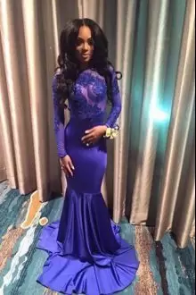 Royal Blue Dress for Prom Lace Long Sleeves Floor Length Brush Train